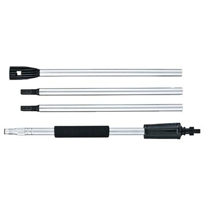'Three silver telescopic poles with black handles in varying lengths positioned side by side.'
