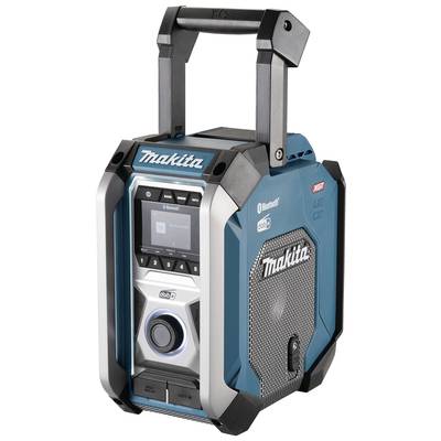 A portable radio in blue and silver with a handle and speakers, displaying the 'Makita' and 'Bluetooth' logos.