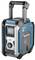 A portable radio in blue and silver with a handle and speakers, displaying the 'Makita' and 'Bluetooth' logos.