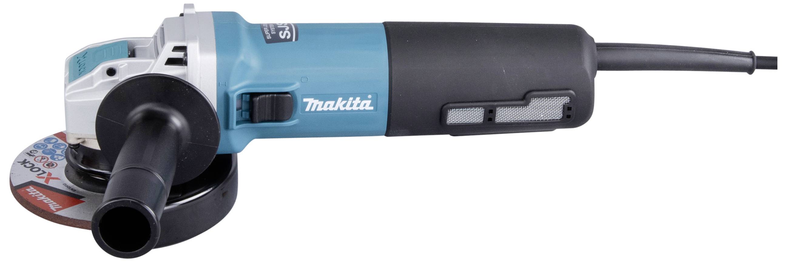 A blue angle grinder with a black handle and power cable. The brand name 'Makita' visible on the side of the device.