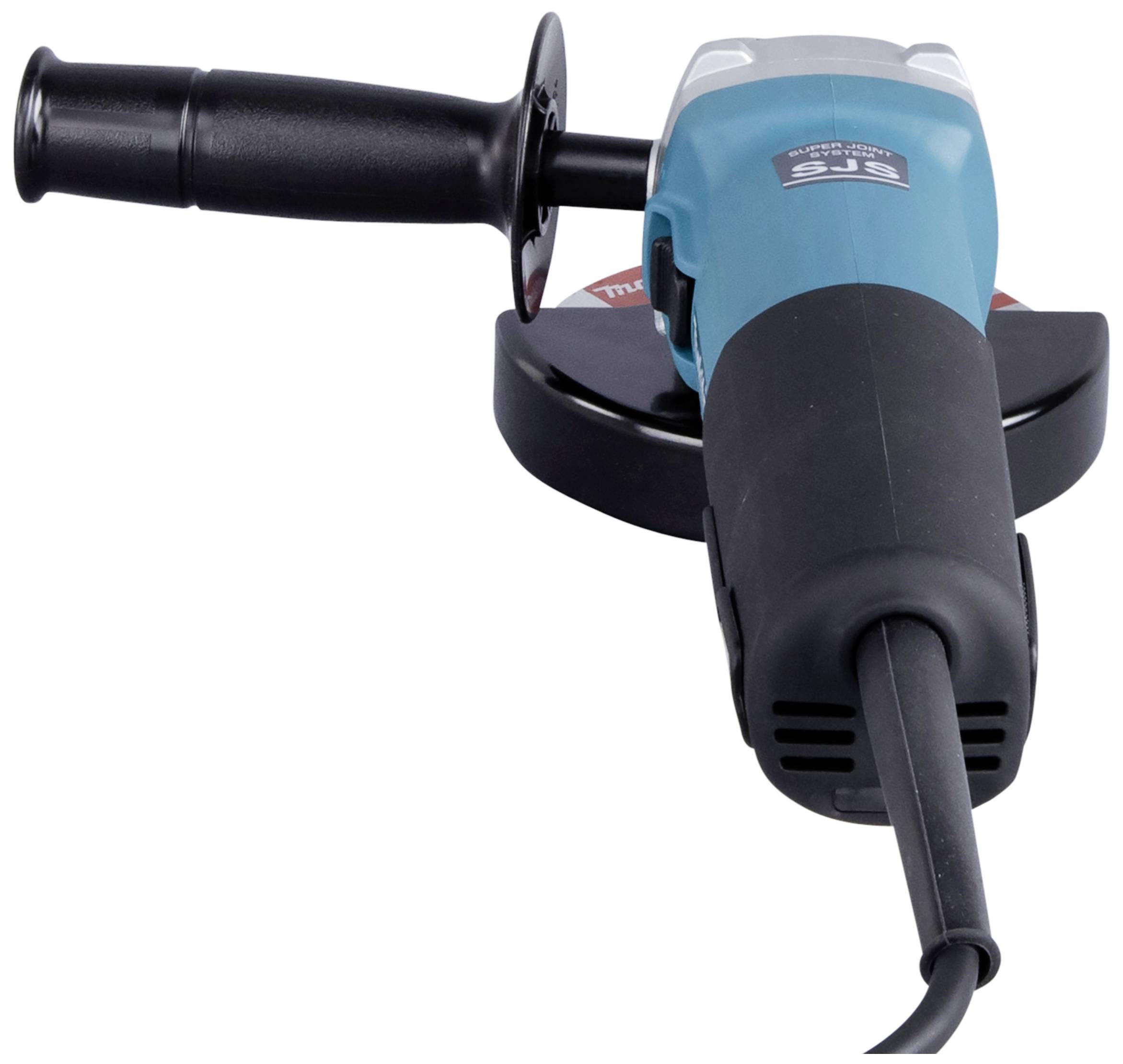 A close-up of an electric angle grinder with a blue casing and black handle, viewed from the front.