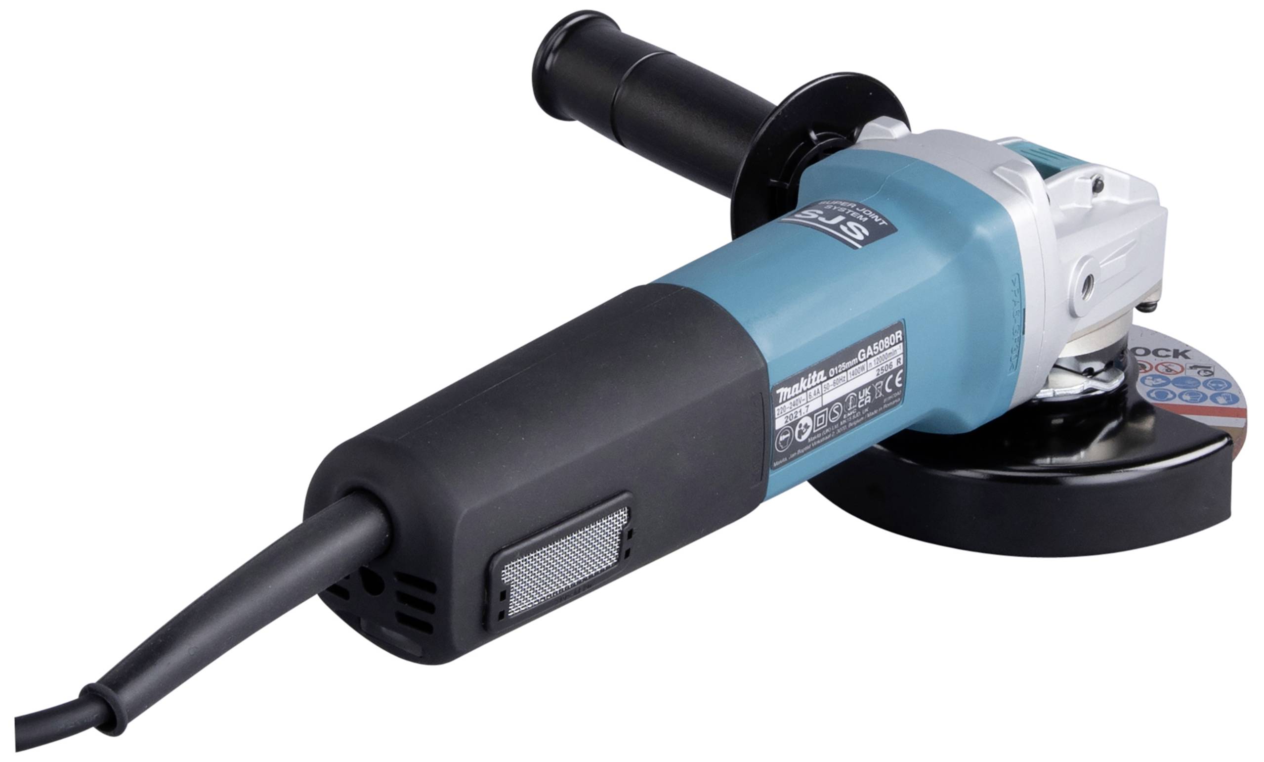 A blue angle grinder with a black handle and cable is resting on a white surface.