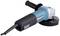 A blue angle grinder with a black handle and cable is resting on a white surface.