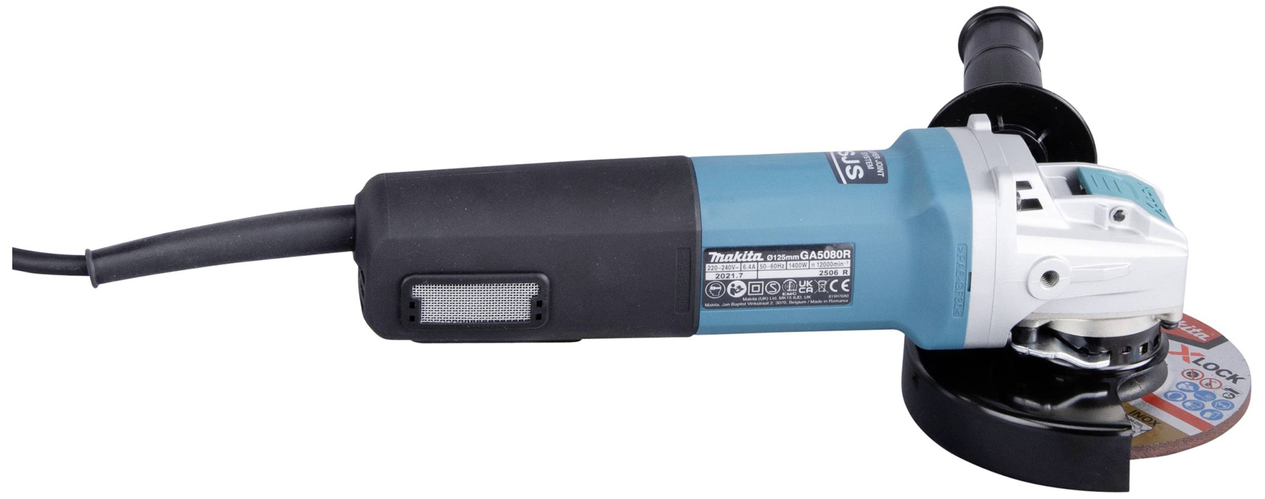 An angle grinder with a blue casing and rotating grinding disc. The device is electric and has a black handle.