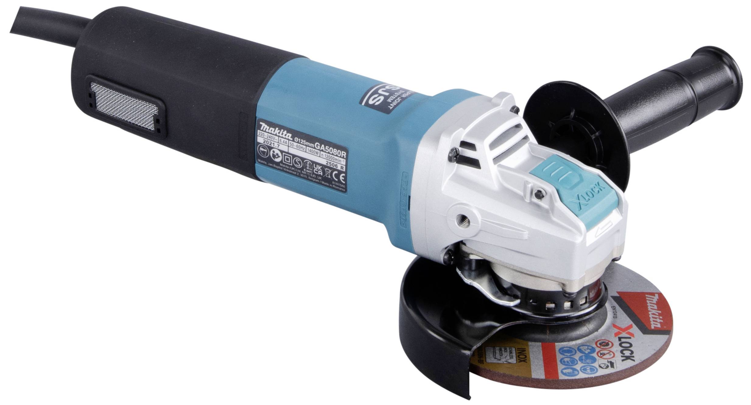 Angle grinder with a blue casing and black handle. The grinding disc is labelled with a brand called 'X-Lock'.