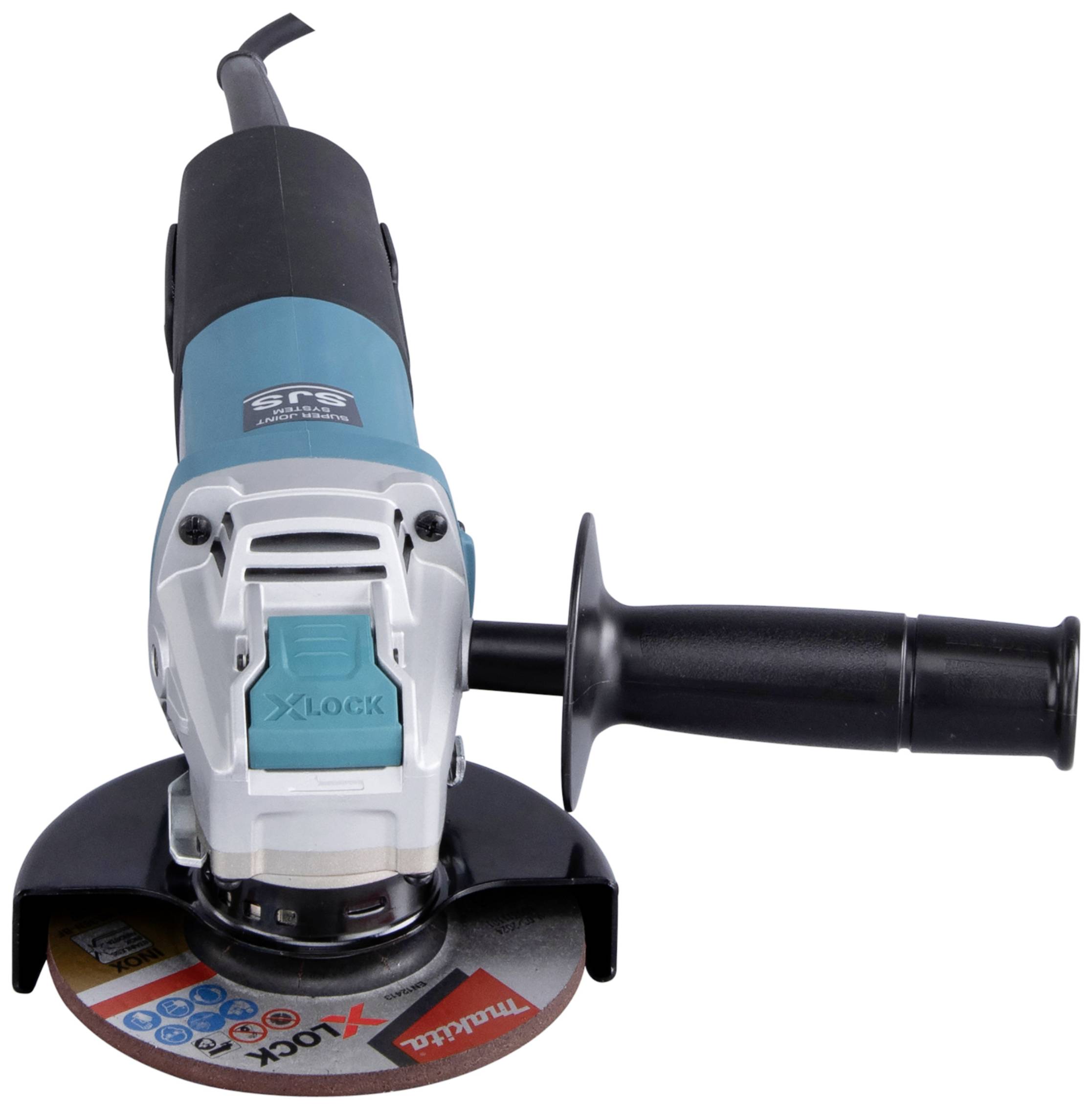 Electric angle grinder with a blue casing and black handle. Cutting disc mounted at the front, suitable for DIY tasks.