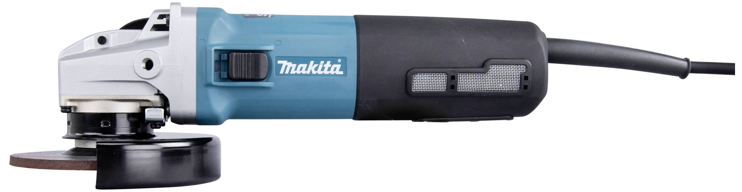 Makita angle grinder, blue and black with power cord, side view, suitable for cutting and grinding work.