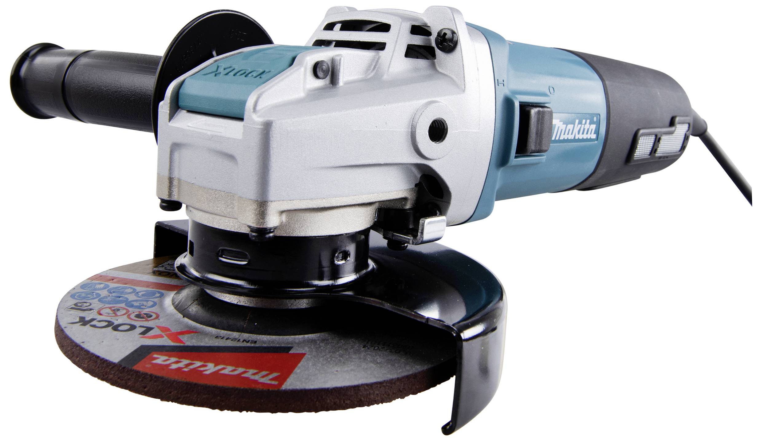 A blue angle grinder with a black handle and grinding disc, suitable for cutting or grinding materials.