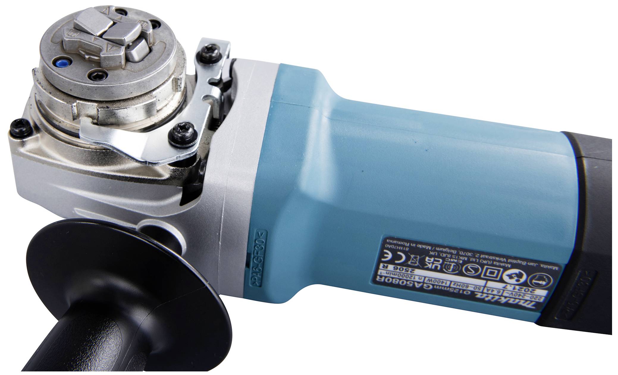 A blue angle grinder with a handle and silver metal disc, suitable for grinding and cutting work.