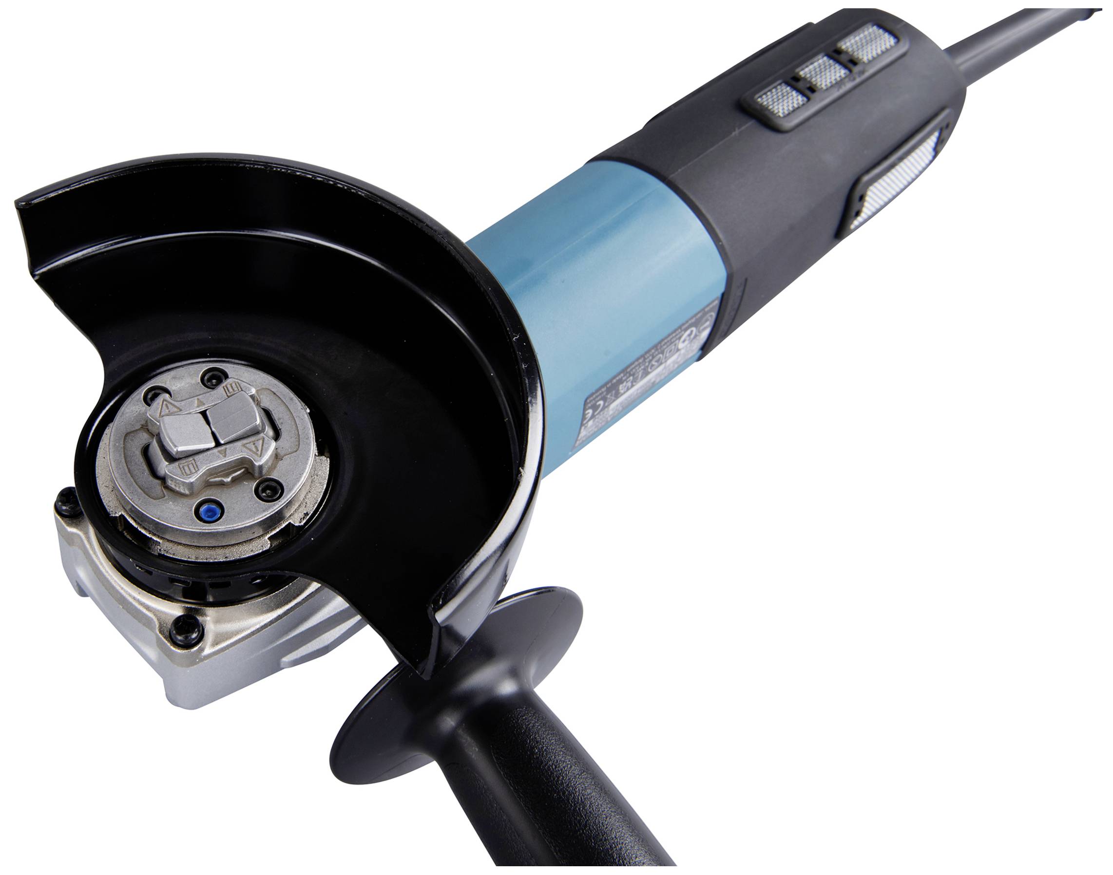 Electric angle grinder with blue body and protective cover. Suitable for cutting and grinding materials.