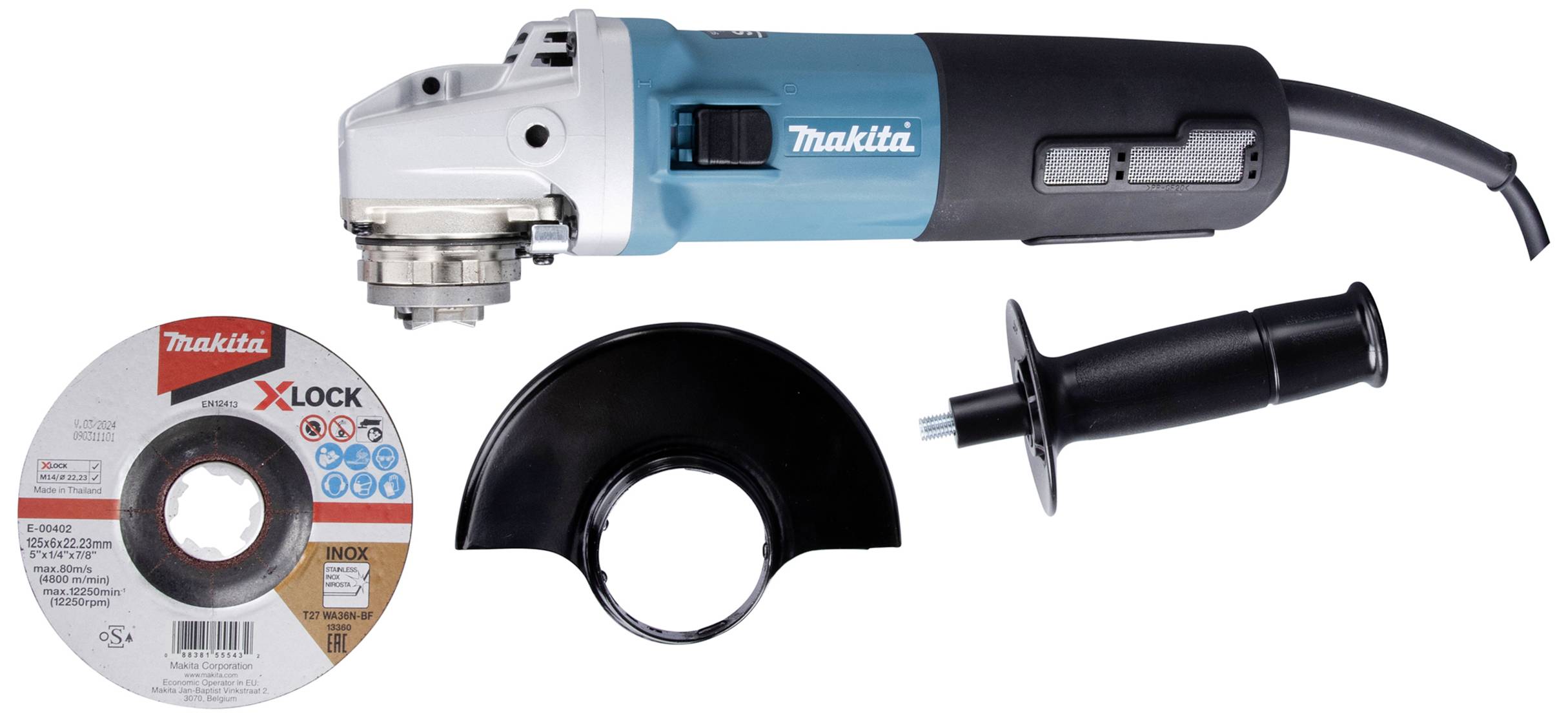 Angle grinder with a blue-black housing, pictured with cutting disc, protective cover, and handle. Suitable for metal cutting.