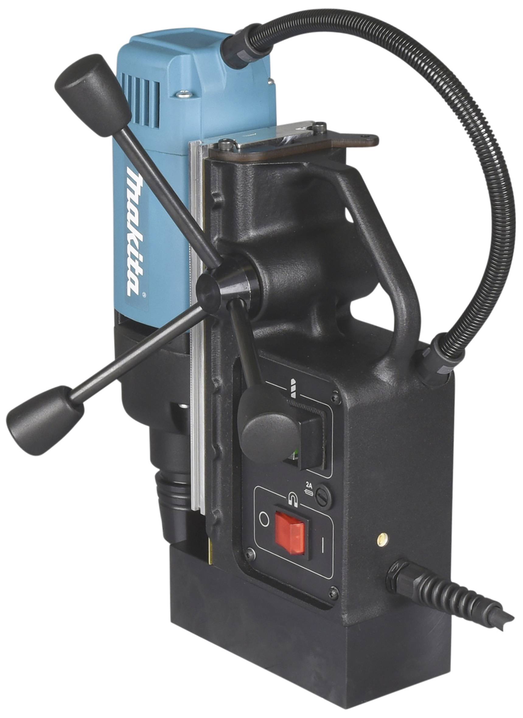 Electromagnetic drill with a blue motor block and black casing. Ideal for precise drilling on metal surfaces.