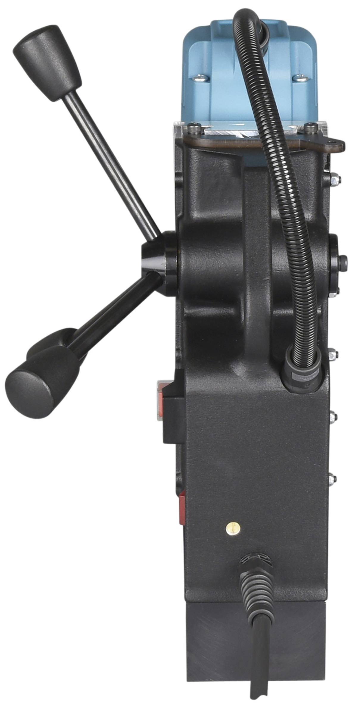 A black manual control lever with two levers and a blue housing. Used for machine control or direction of movement.