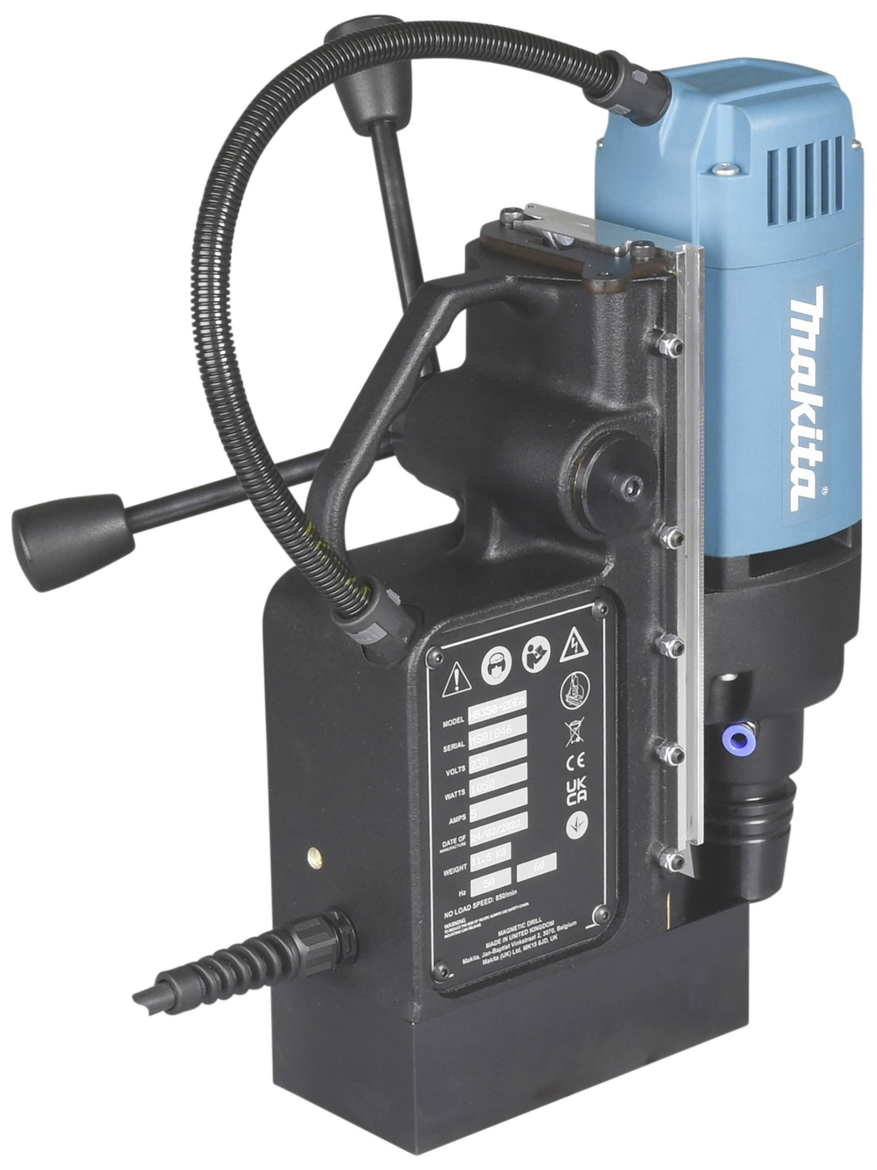 Blue drill with a black base stand. Brand name identifiable. Used for precision drilling in metal.