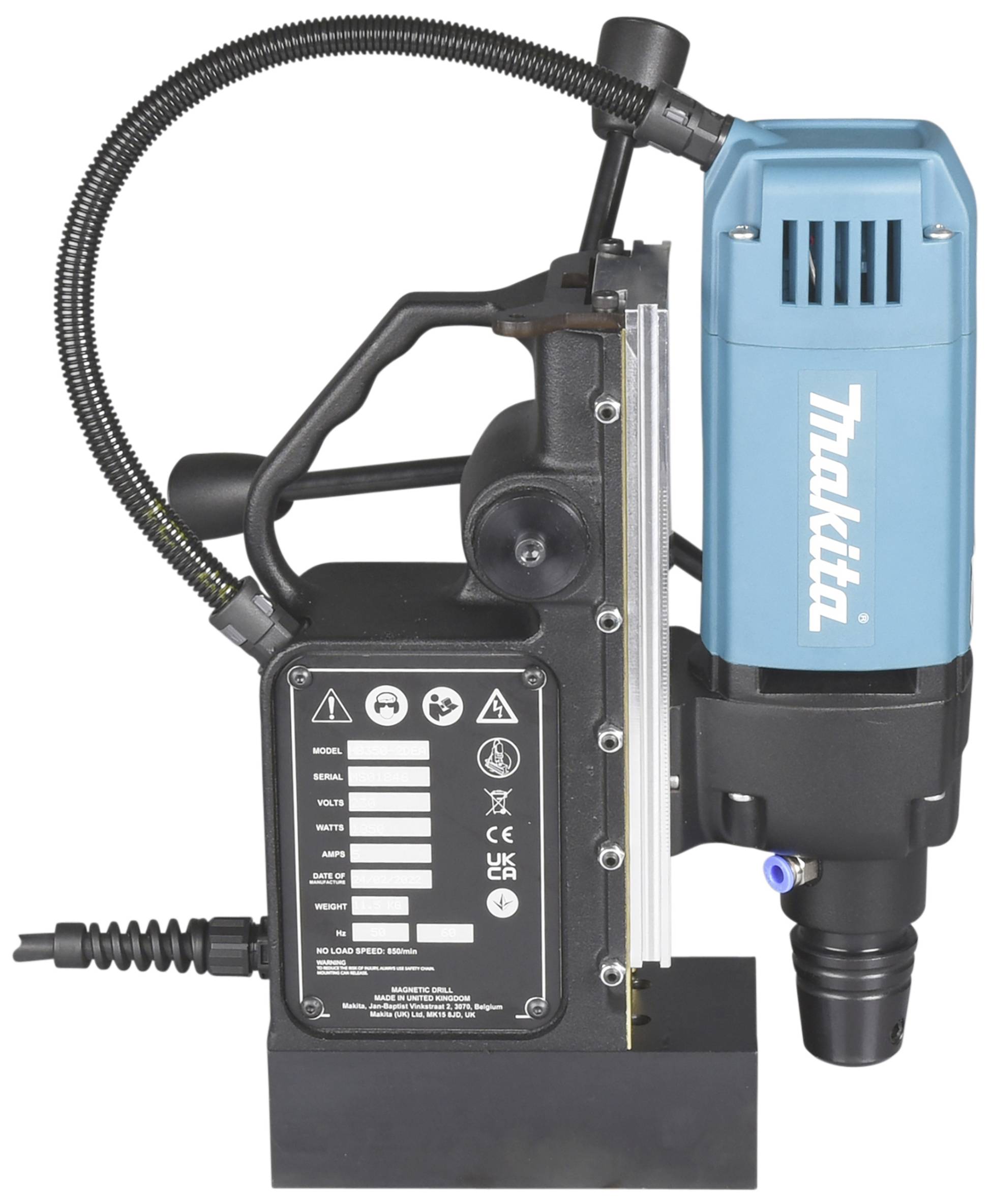 Magnetic core drilling machine with a blue housing and black base, ideal for precise drilling on metal surfaces.