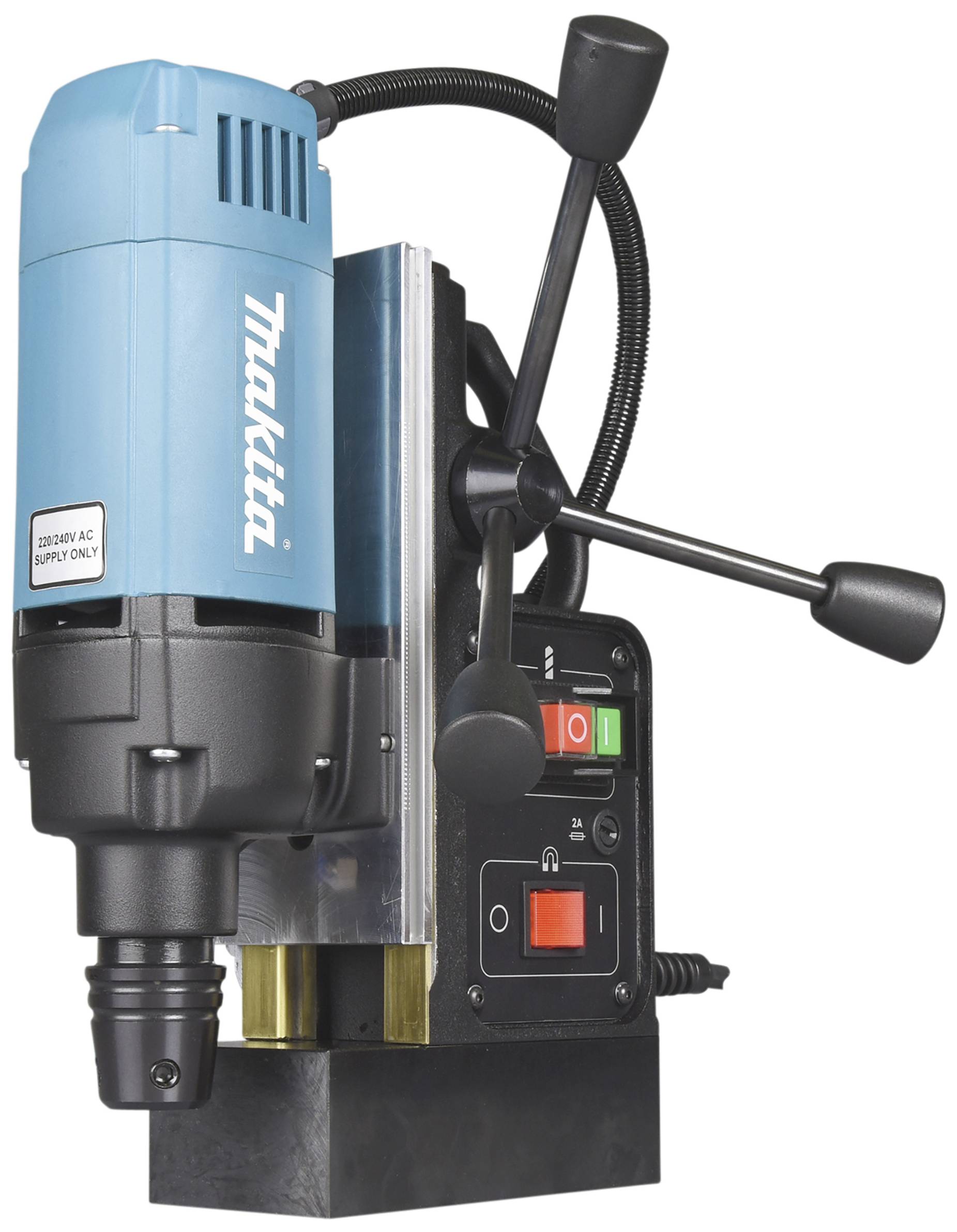 A blue magnetic drill machine with control buttons and handles, suitable for precise metalworking.