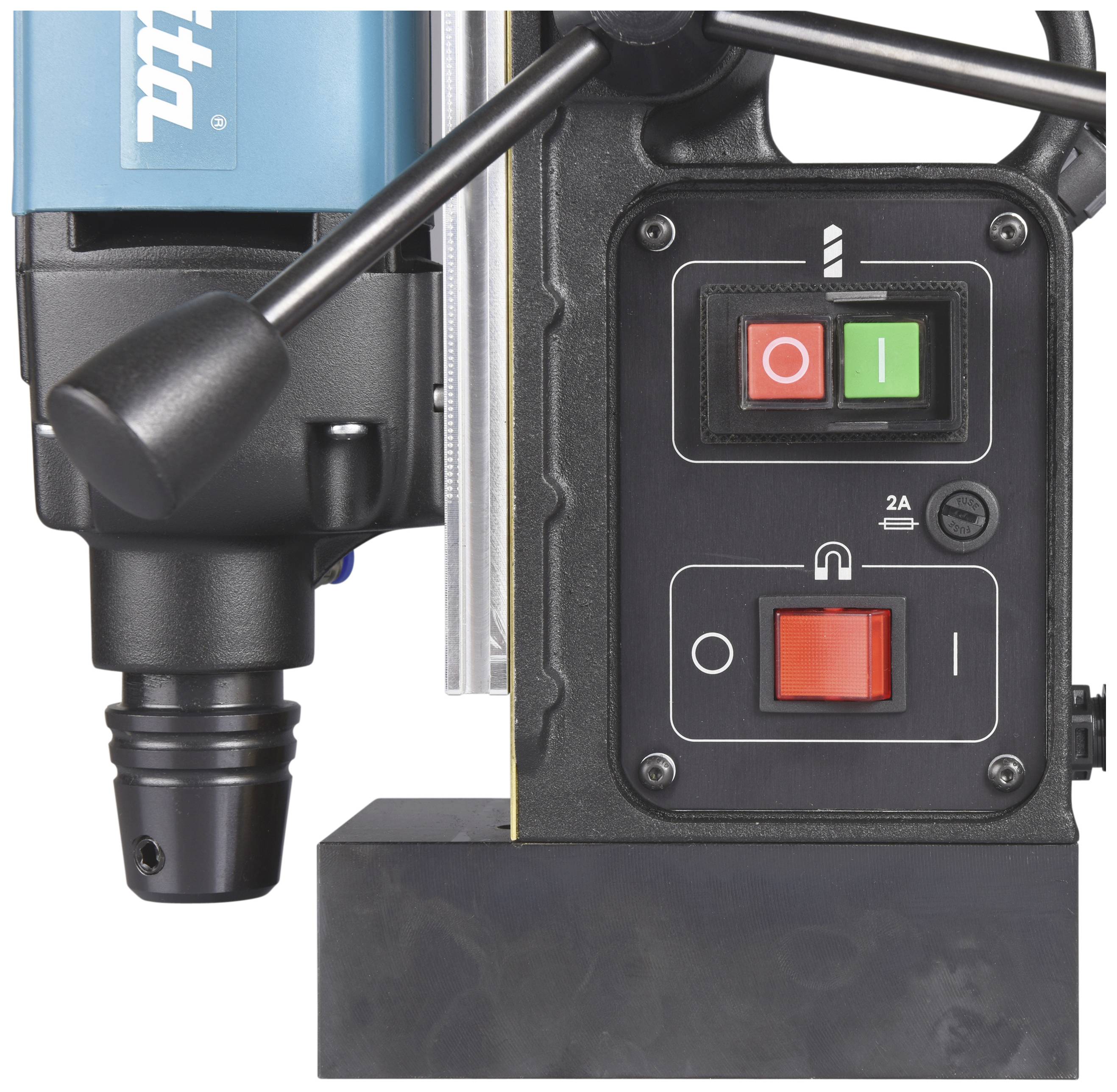 Drill with control panel: green and red buttons for switching on and off, additional control element below, black and blue design.