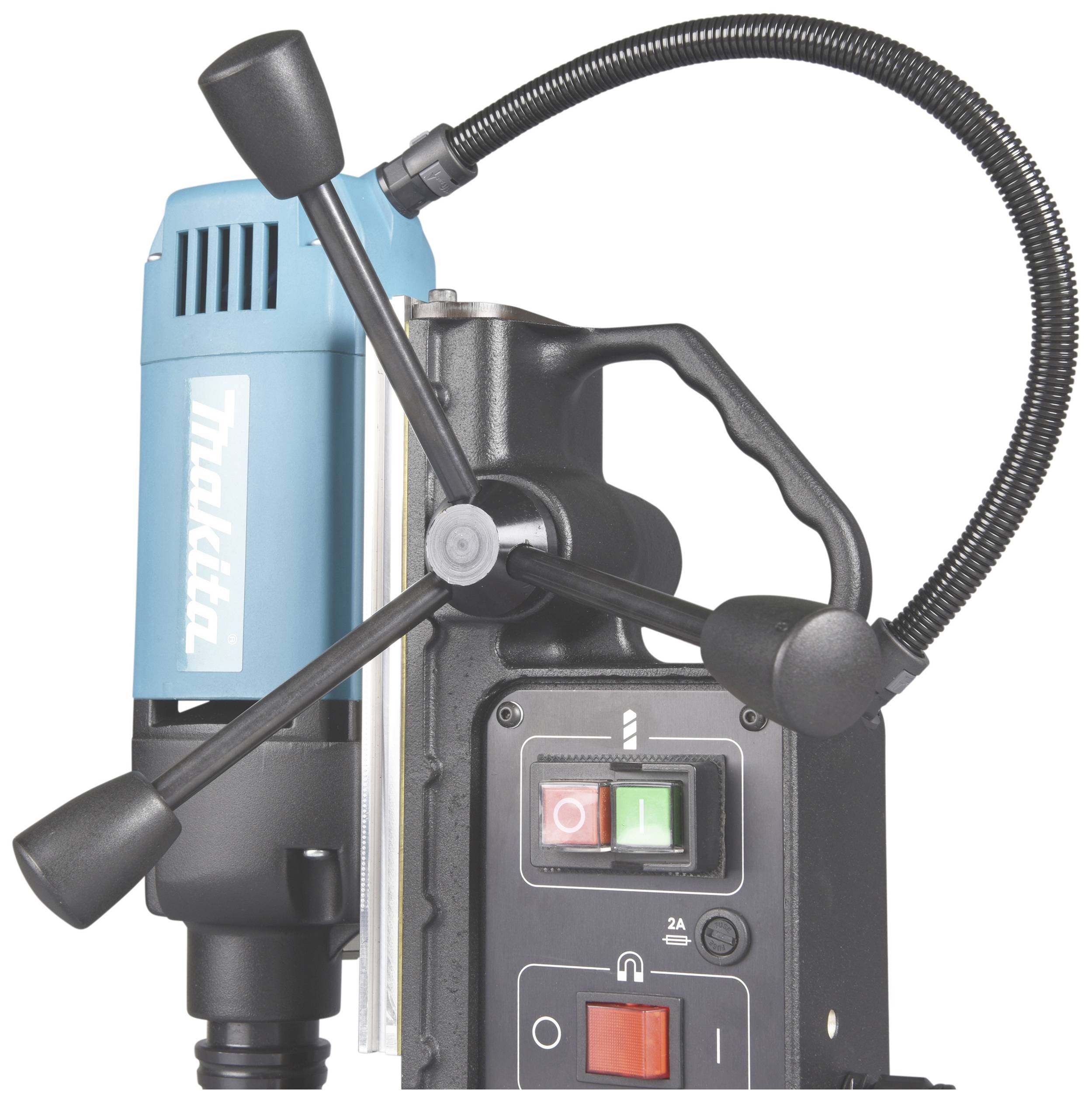 Electromagnetic drill in side view with blue casing, black handle and control panel with switches and indicator lights.