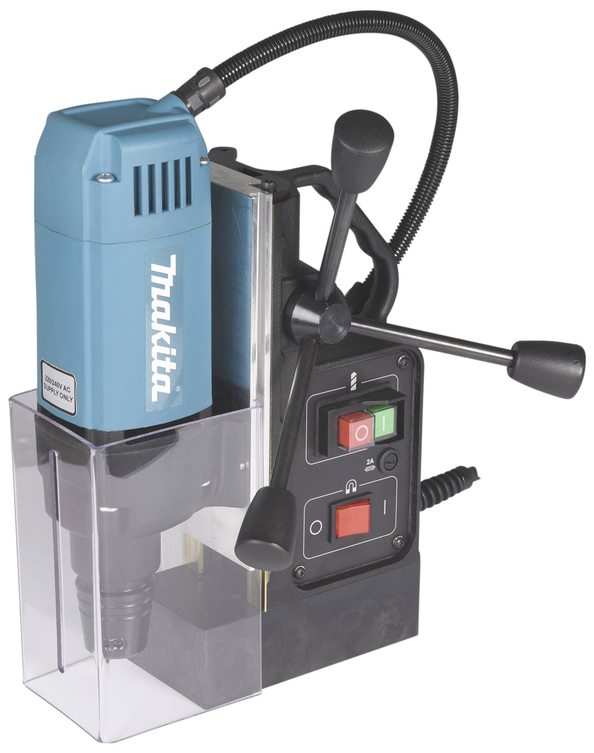 Blue magnetic drill stand with black control elements, including rotary lever and control buttons for start and stop.