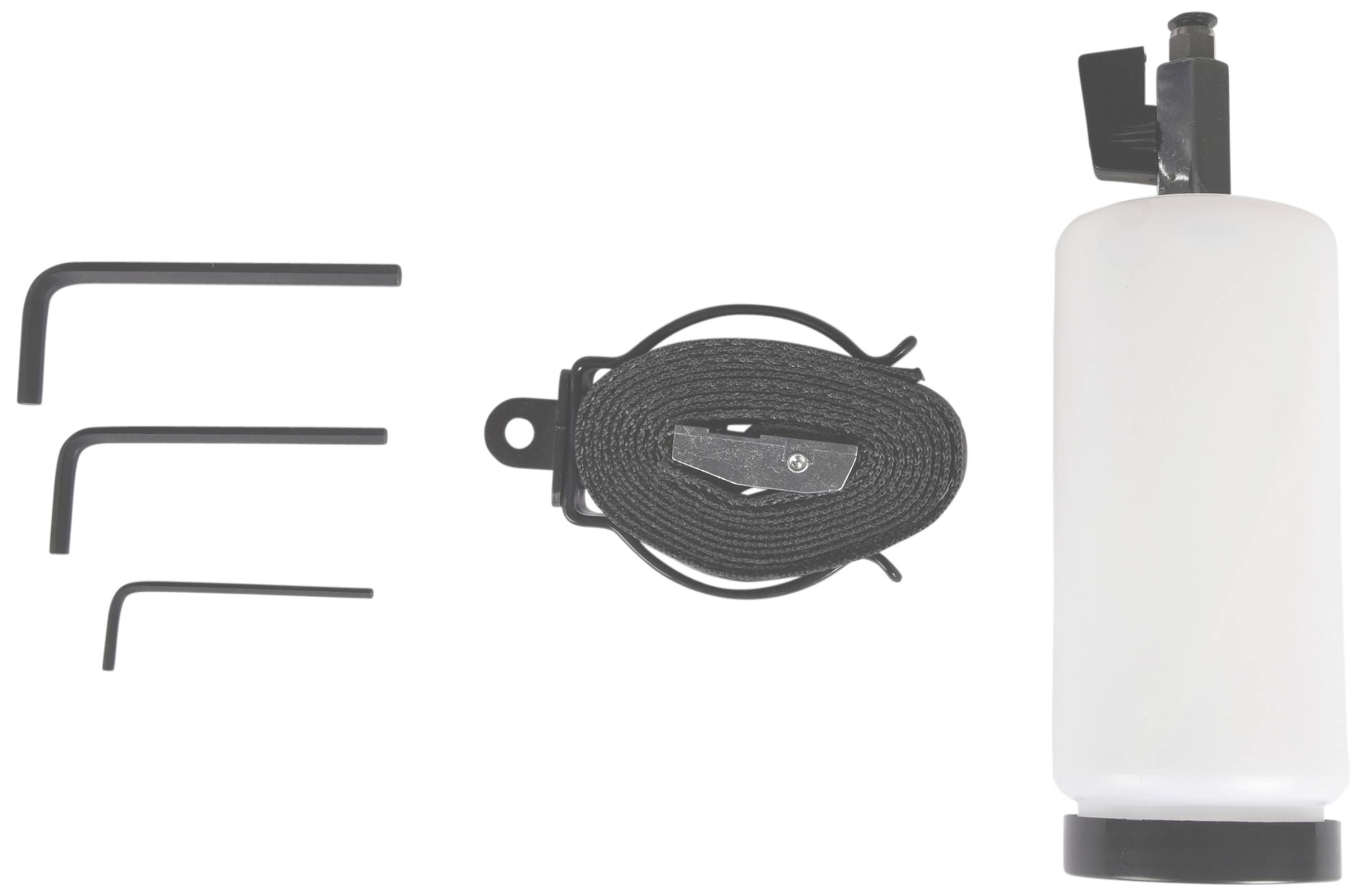 Black bottle holder, white bottle, three hexagonal Allen keys and a black strap with a ratchet on a white background.