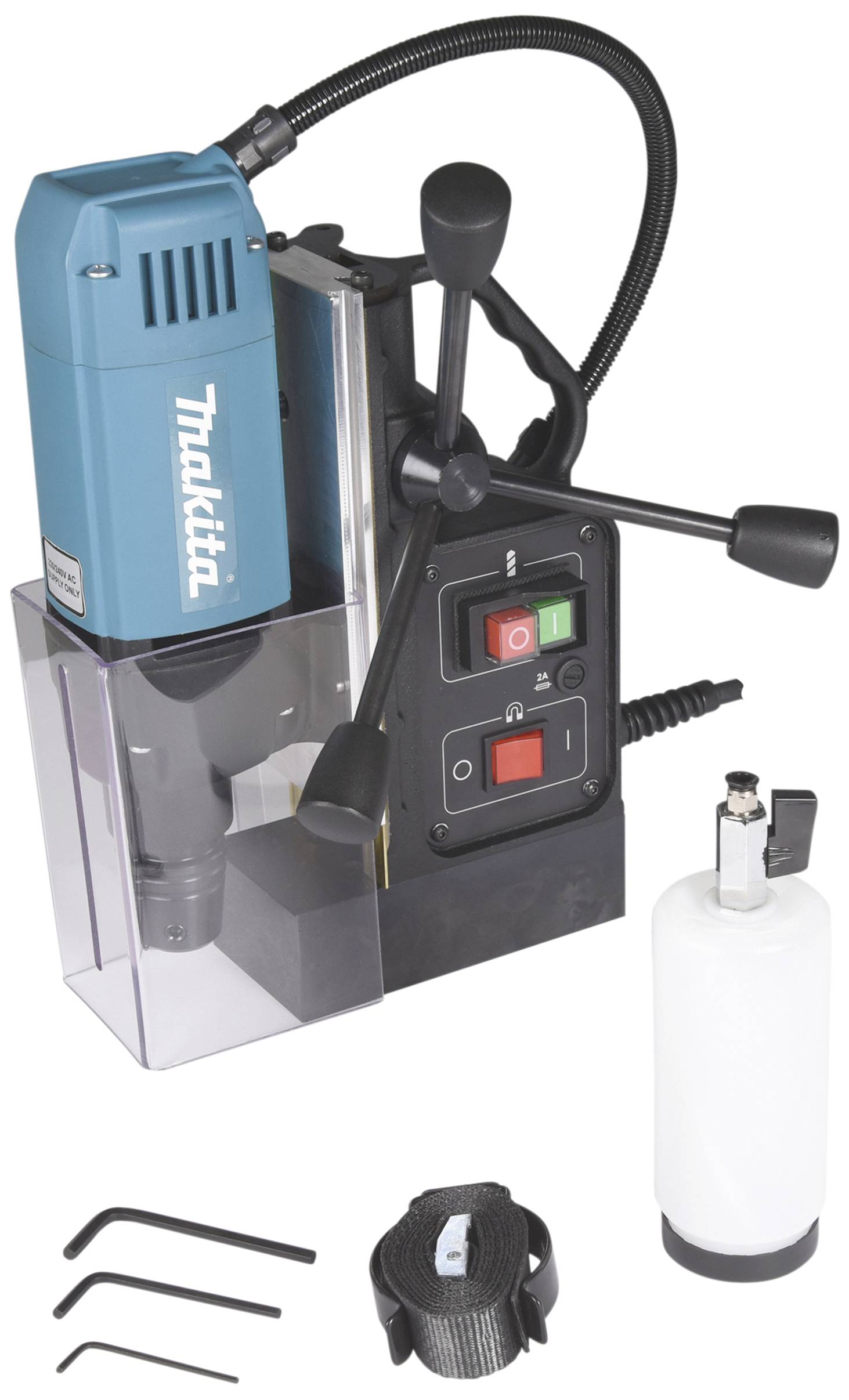 Portable magnetic drill with accessories: two Allen keys, carrying strap and coolant container. Control technology with power on/off switch.