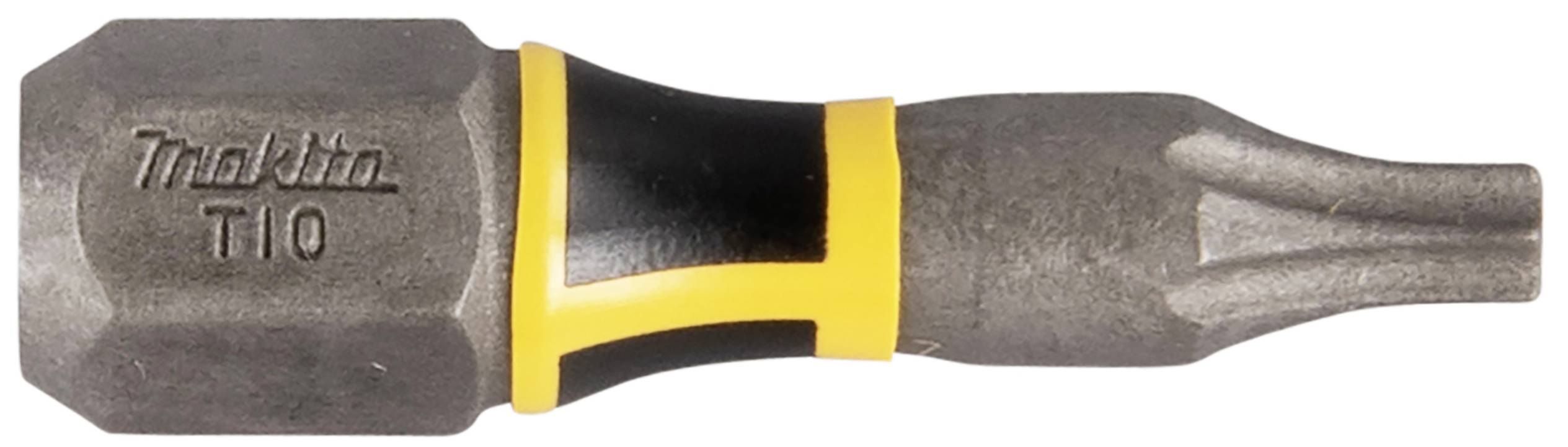 Close-up of a Makita Torx T10 bit, black and yellow design, primarily made of metal, suitable for screwdrivers.