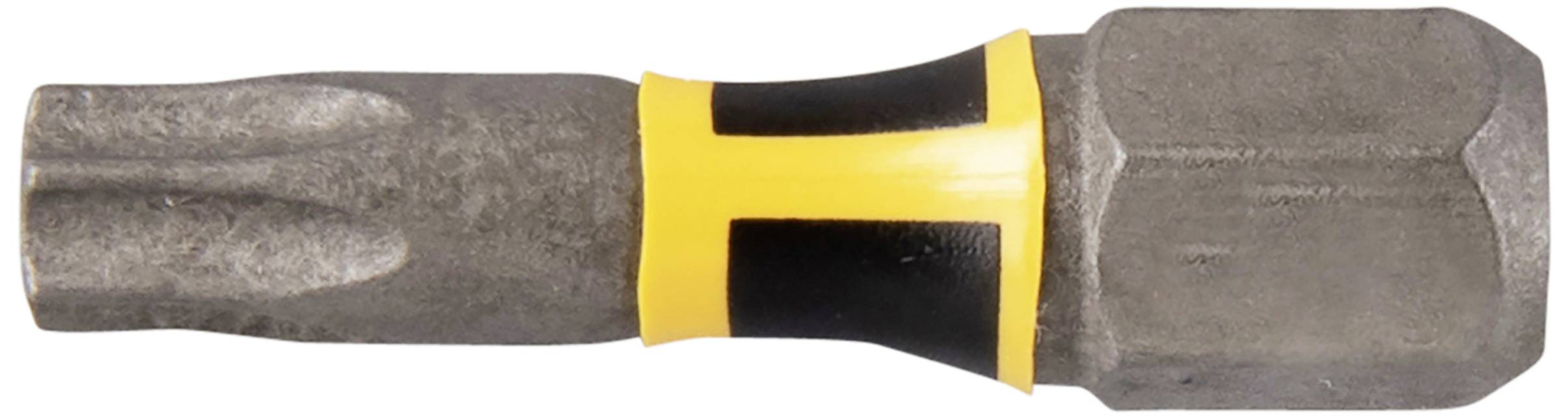 Screwdriver bit with a hexagonal shaft and yellow-black retention area. Used for securing screws.