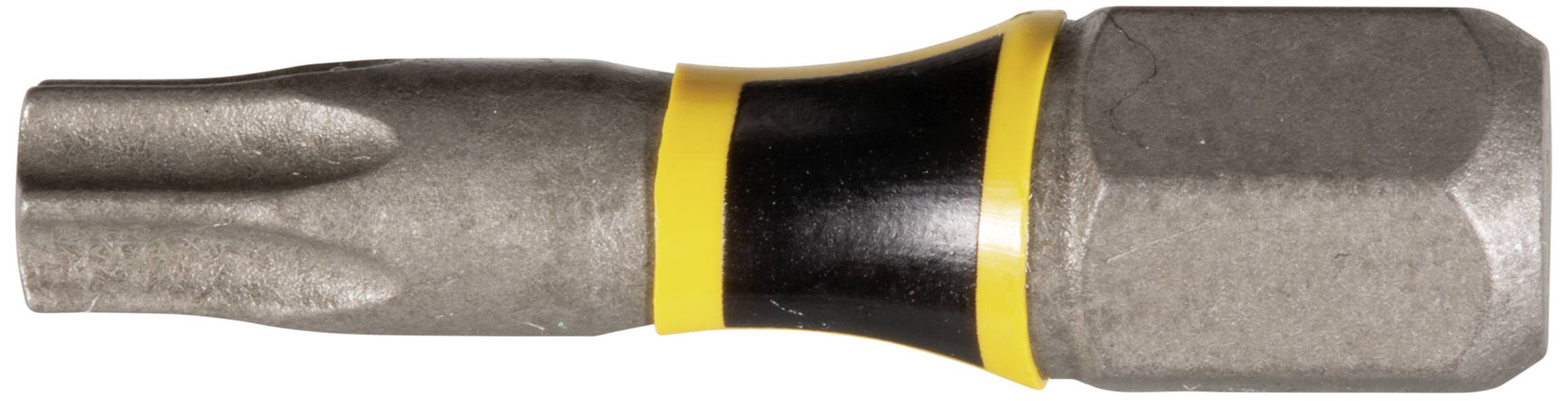 A Torx screwdriver bit made of metal with a yellow and black marking in the centre.