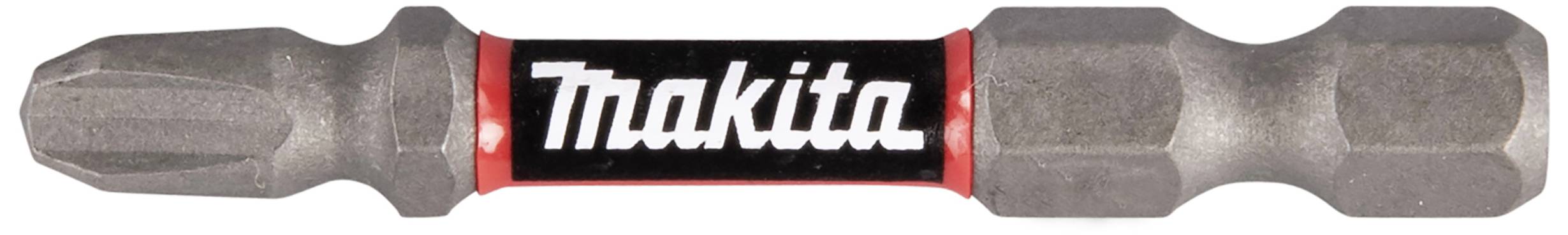 Close-up of a Makita screwdriver bit, double-sided, with a black central section and the inscription 'Makita' in white on a red background.