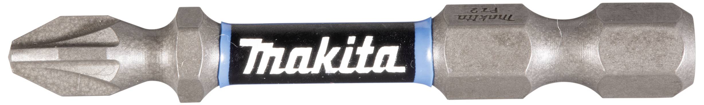 Metallic cross-headed screwdriver bit with a cruciform tip. 'Makita' brand name in white on a black background.