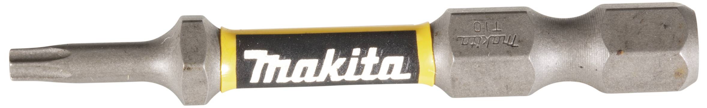 Screwdriver bit with 'Makita' logo on a black background, surrounded by a yellow line. Metal construction with hexagonal shape.