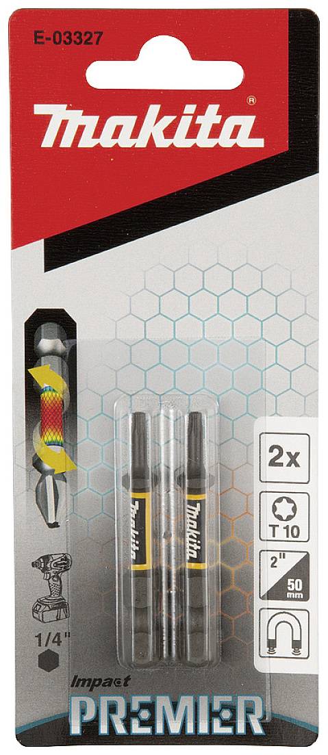 'Makita' packaging for two screwdriver bits T10, 50 mm, with hexagonal pattern and drill illustration.