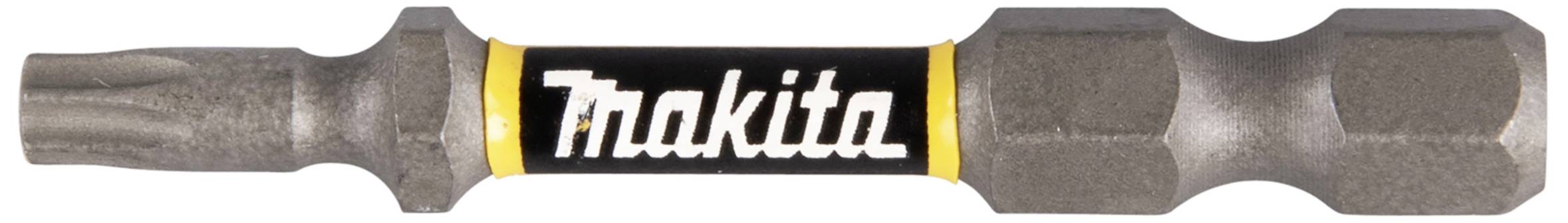 Makita drill bit with a hexagonal shank and T-profile, marked with a yellow stripe and 'Makita' logo in the centre.