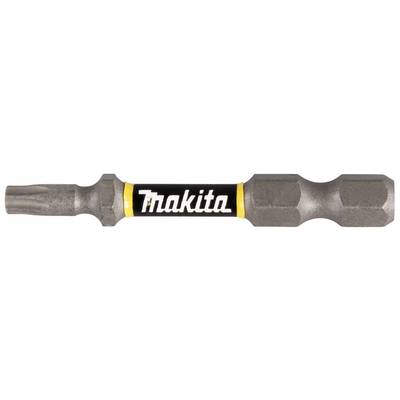 Makita drill bit with a hexagonal shank and T-profile, marked with a yellow stripe and 'Makita' logo in the centre.