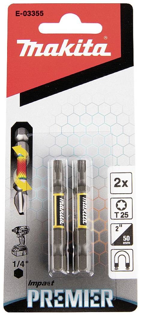 Packaging of two Makita Impact Premier Bits, Type T25, Size 1/4 inch, Length 50 mm. Suitable for power tools.