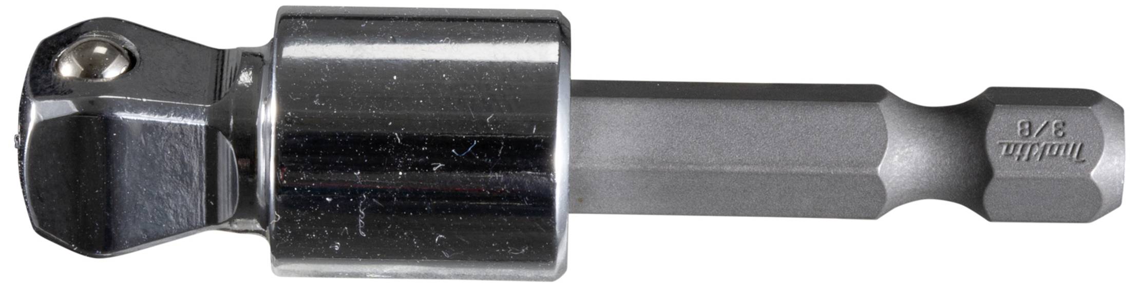 'Metal adaptor with hexagonal shaft and square drive, used for connecting screwdriver and socket nuts.'