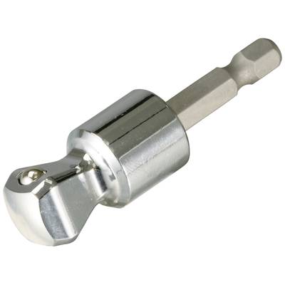 A silver adaptor that serves as a connecting piece between a screwdriver bit and a socket.