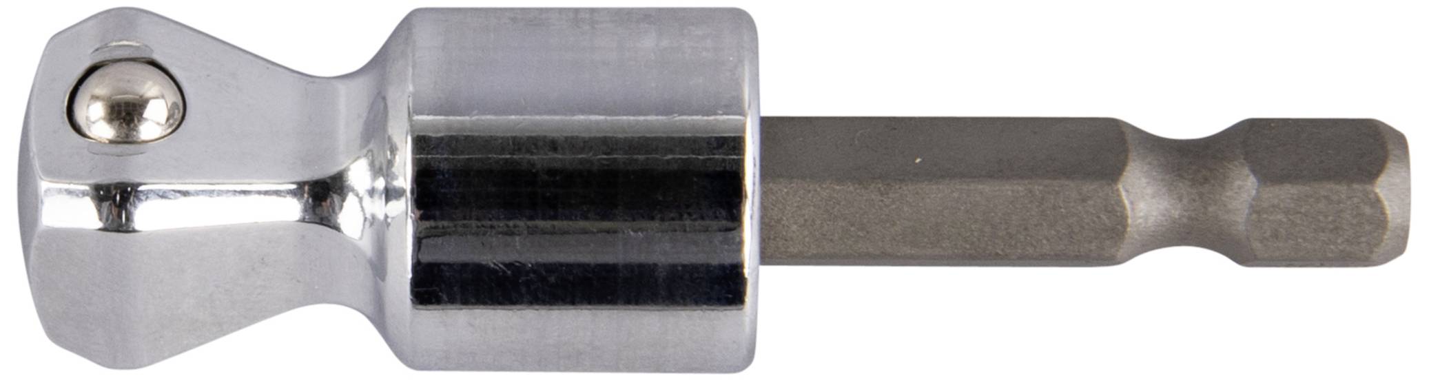 A silver hexagonal socket adapter with ball-bearing interface for attachment to tools.