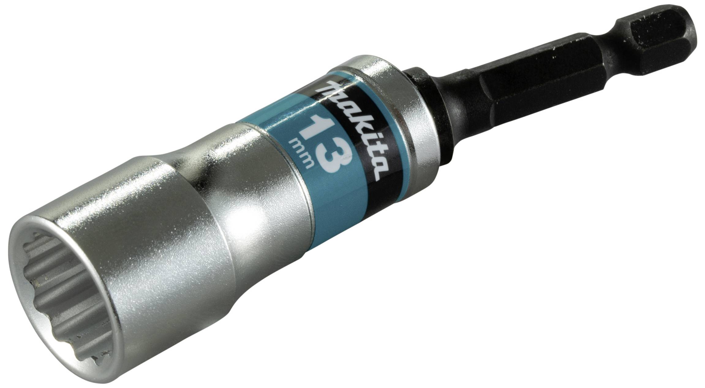 Metallic socket with 'Makita 13 mm' inscription, suitable for impact driver, showing distinctive, silver and blue details.