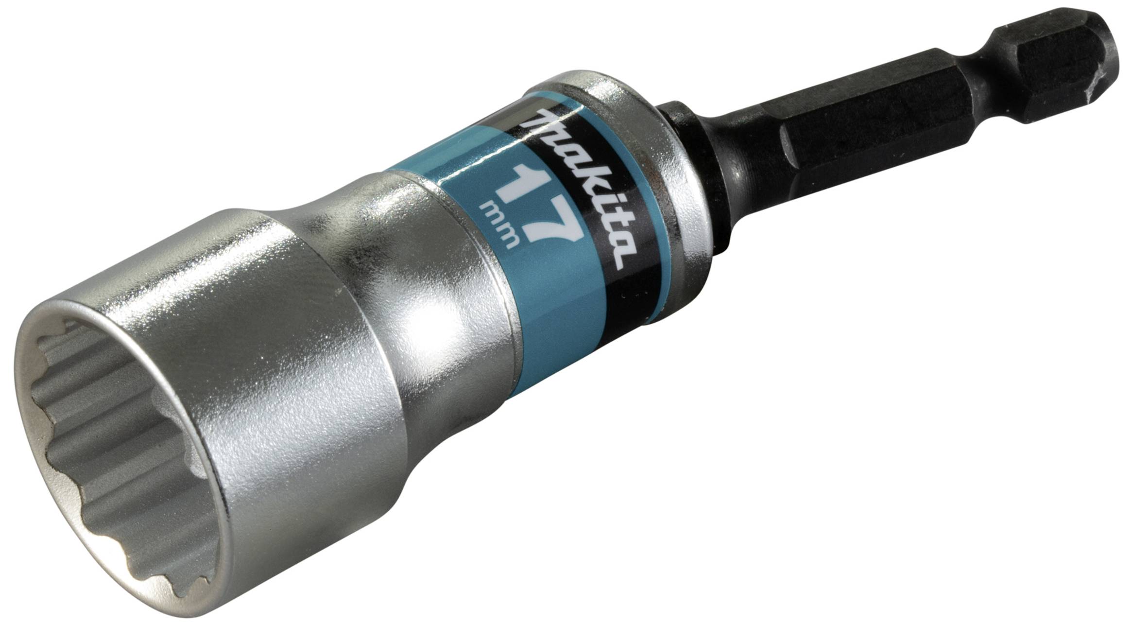 'Makita' tool attachment, 17 mm, silver and black, with hexagonal torque drive.