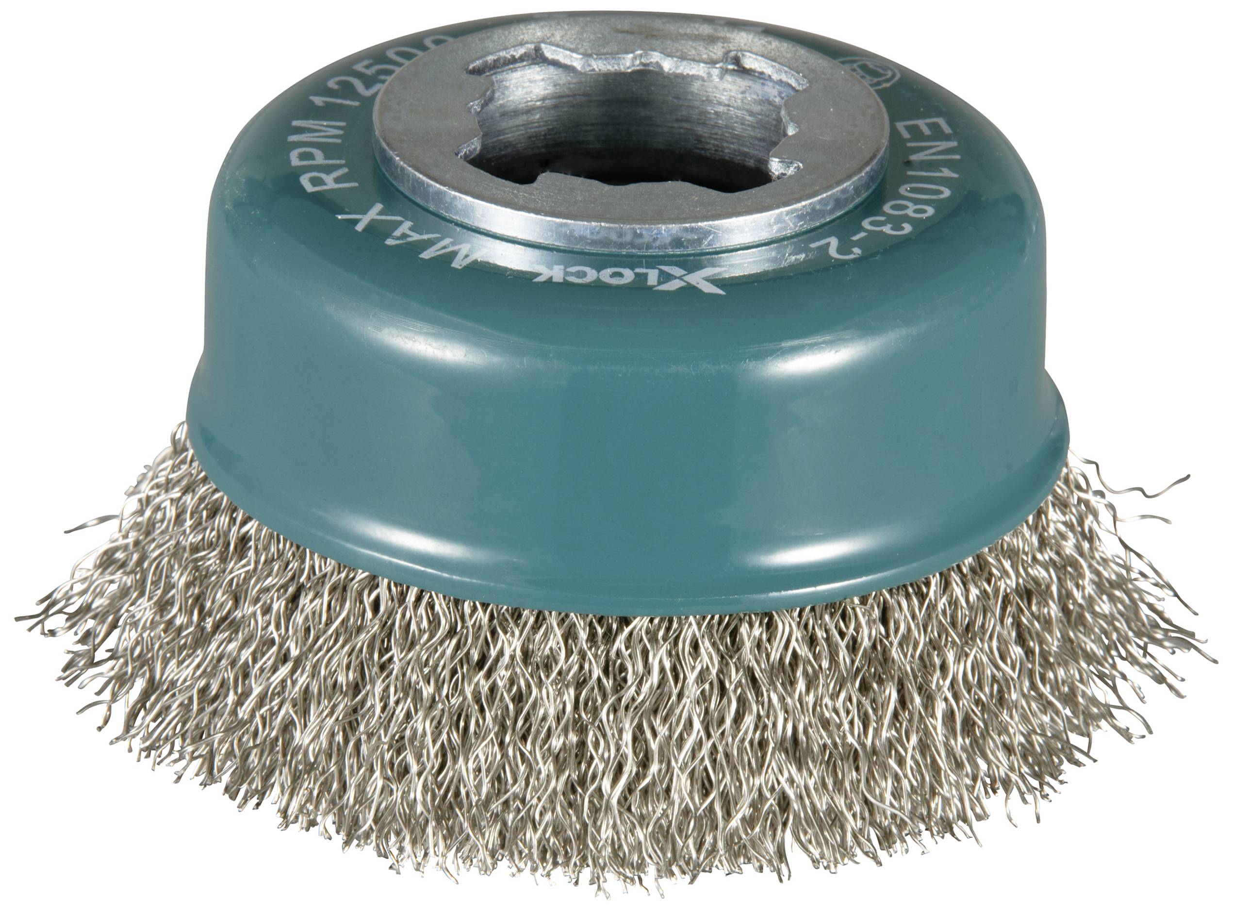 Steel wire brush with a green metal casing, used for cleaning or removing rust from surfaces.