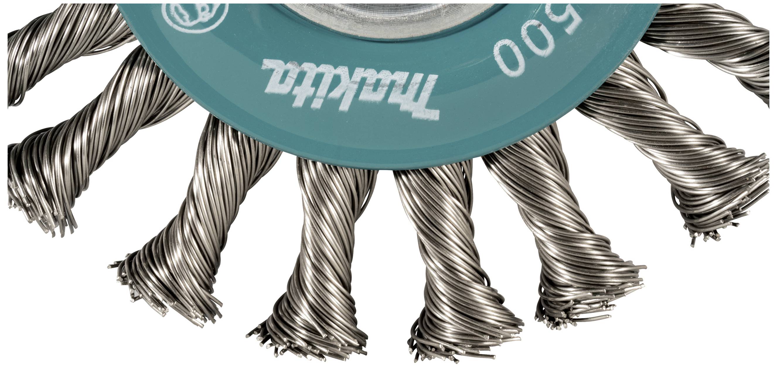 Steel wire brush with spiral bristles, attached to a drill, used for surface cleaning and rust removal.