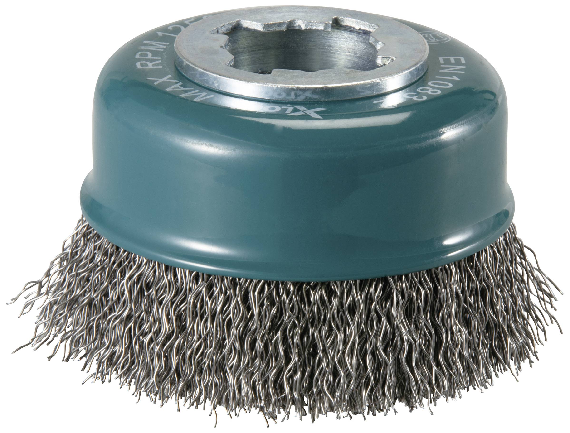 Round wire brush with metal bristles and green plastic housing, suitable for removing rust or paint from metal surfaces.