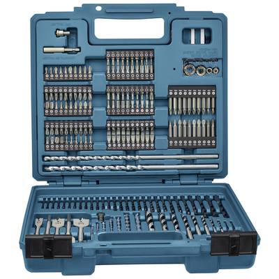 An opened toolbox with numerous drill bits and attachments in various sizes, neatly arranged in compartments.