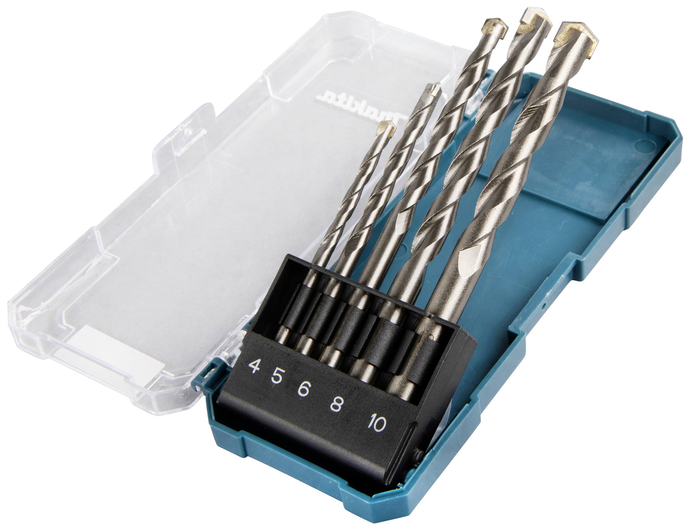 A drill bit set in an open blue plastic box containing seven drill bits of different sizes, marked with numbers 4 to 10.