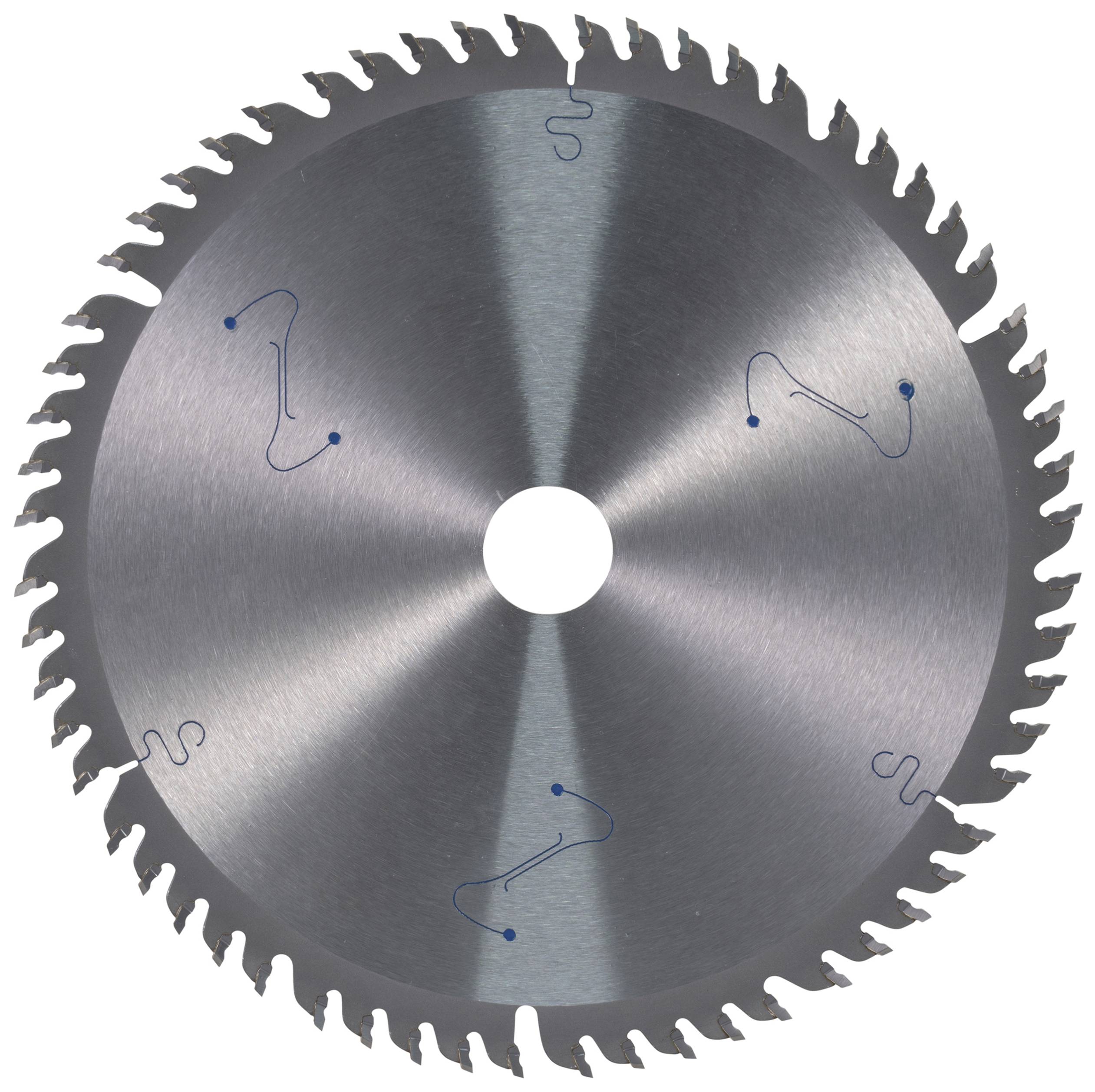 Circular saw blade with sharp teeth, symmetrically arranged. Suitable for woodworking and fine, precise cuts.