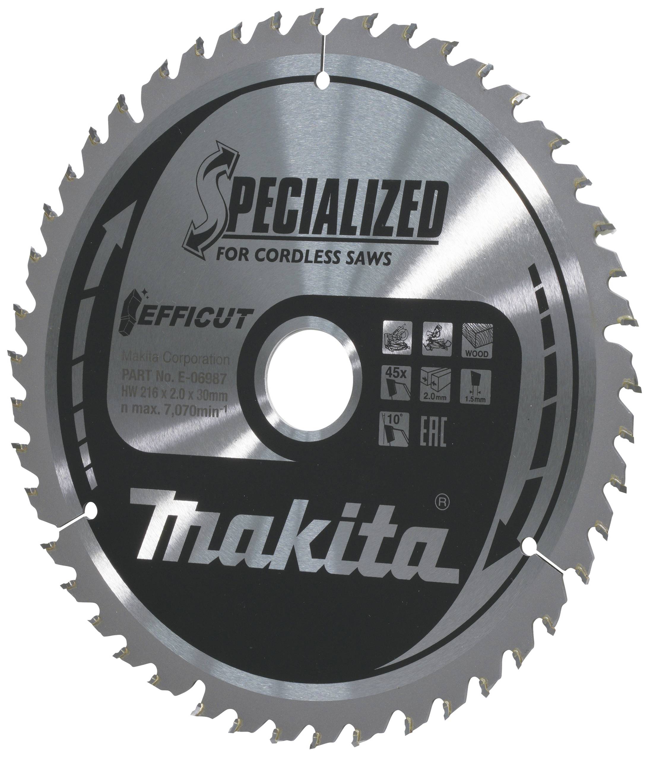 A circular saw blade with the inscription 'Specialized for Cordless Saws' and 'Makita'. It has many teeth and is suitable for cordless saws.