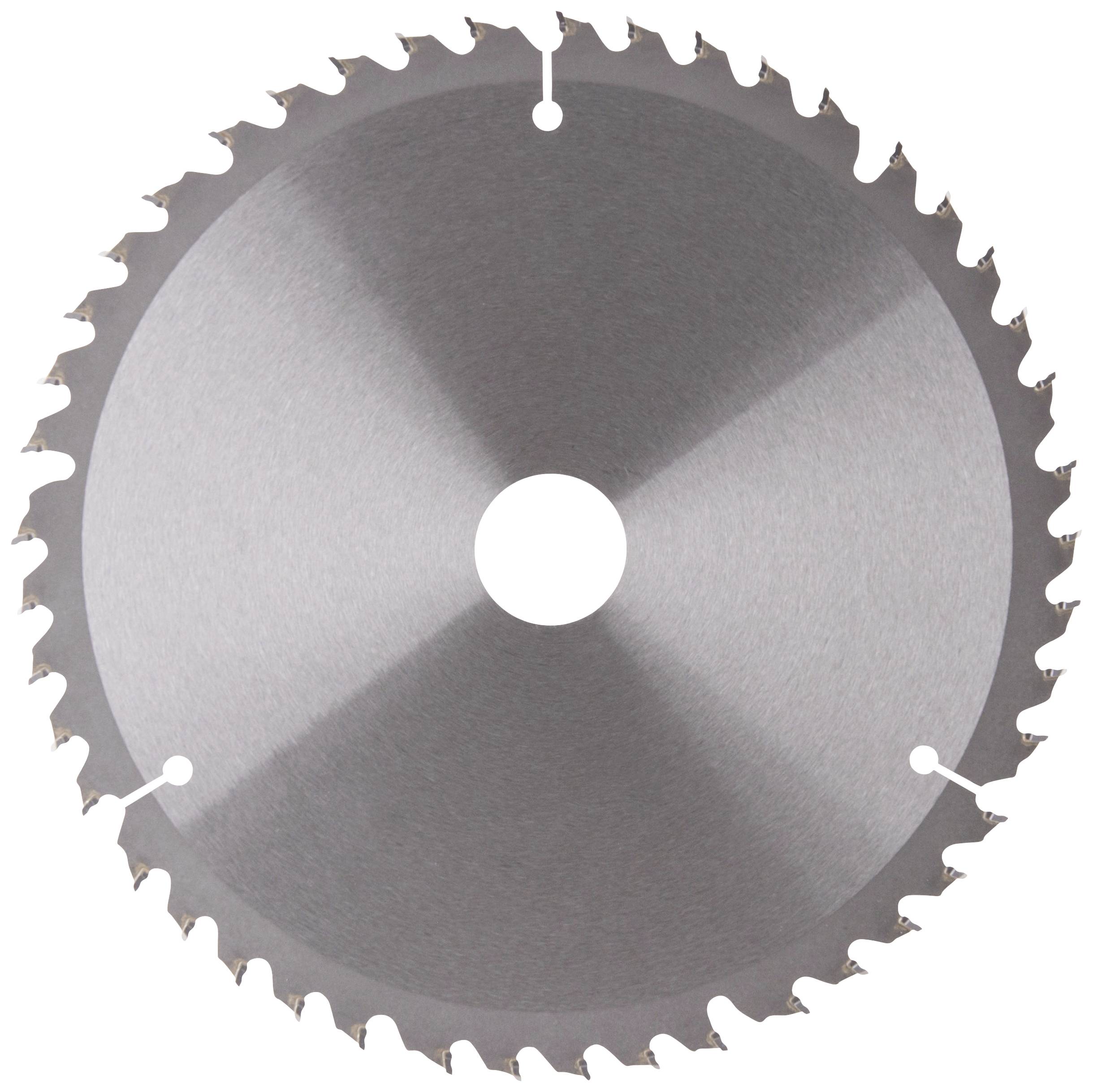 Circular saw blade with sharp teeth, suitable for woodworking or metalworking. Central hole for mounting on a machine.