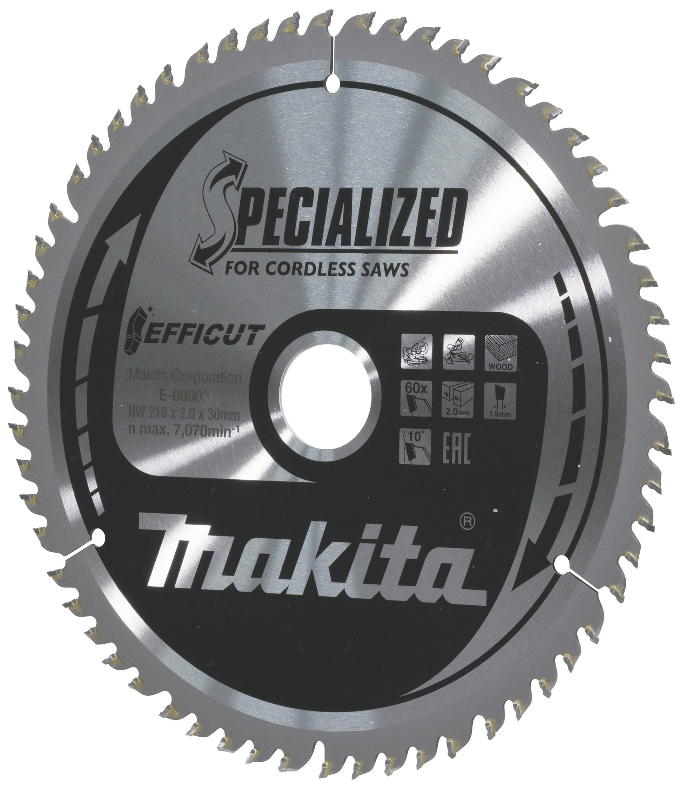 Circular saw blade with 'Makita' and 'Specialized for Cordless Saws' printed on it. Contains additional specifications and symbols.