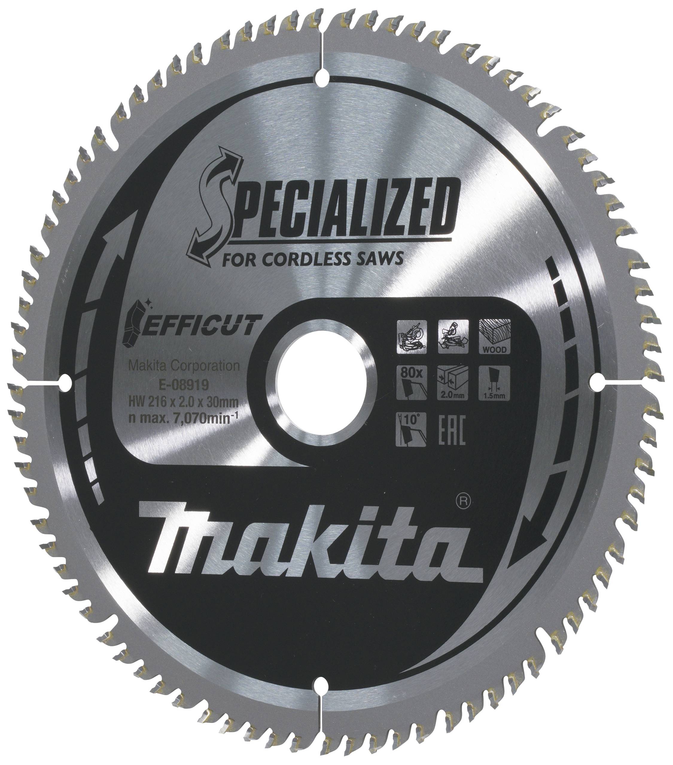 Circular saw blade with the inscription 'SPECIALIZED for cordless saws'. The brand name 'Makita' and technical specifications are visible.